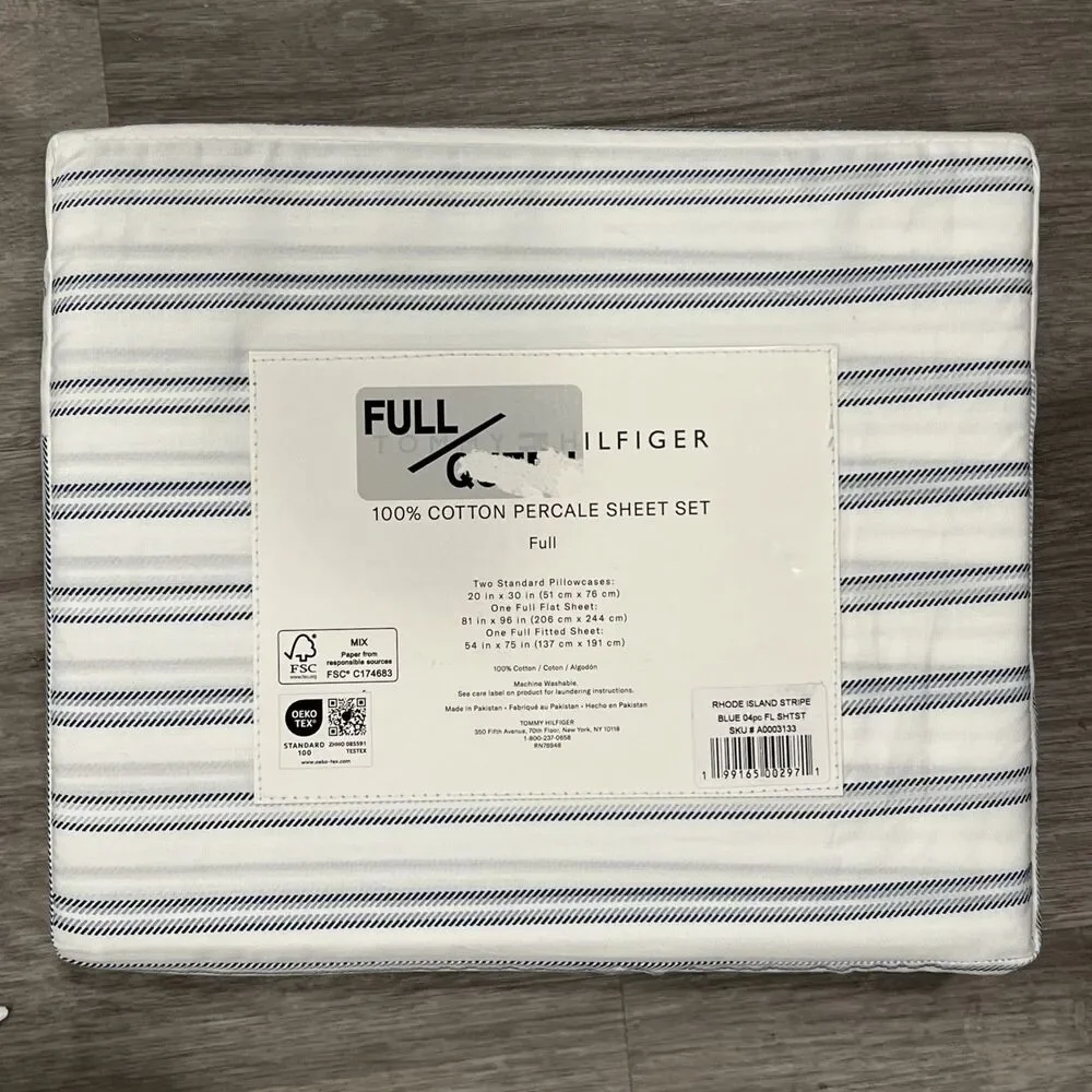 Tommy Hilfiger Home FULL Sheet Set Rhode Island Blue Stripe 100% Cotton Percale
